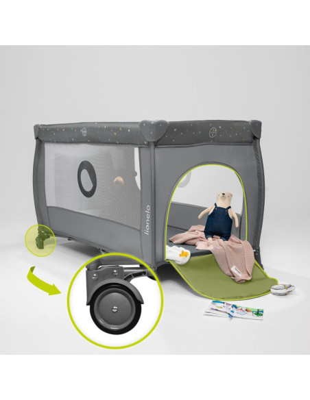 BN-LO-STEFI_PLUS_GREEN_OLIVE,Patut pliant, Lionelo, Stefi Plus, Cu doua nivele, Cu intrare laterala cu fermoar, 2 roti, 120 x 60