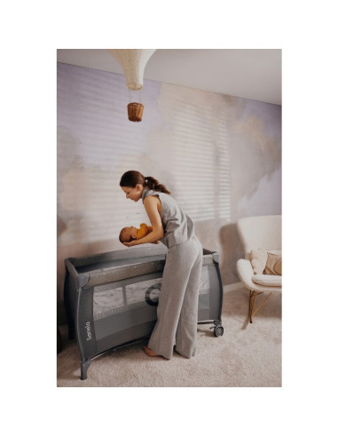 BN-LO-STEFI_PLUS_GREEN_OLIVE,Patut pliant, Lionelo, Stefi Plus, Cu doua nivele, Cu intrare laterala cu fermoar, 2 roti, 120 x 60