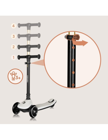 BN-LO-MEY_BEIGE_SAND,Trotineta pentru copii, Lionelo, Mey, Ultrapliabila, Cu lumini si cosulet, Maner ajustabil pe inaltime, 3 a