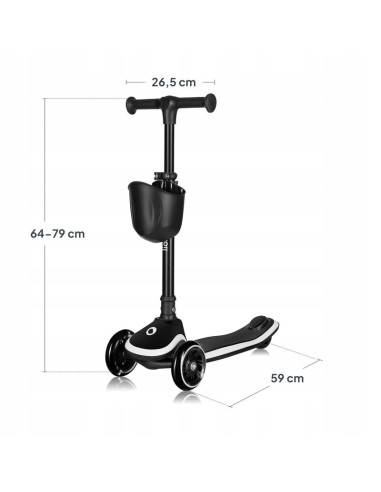 BN-LO-MEY_BLACK_ONYX,Trotineta pentru copii, Lionelo, Mey, Ultrapliabila, Cu lumini si cosulet, Maner ajustabil pe inaltime, 3 a