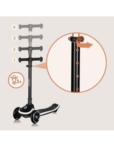 BN-LO-MEY_BLACK_ONYX,Trotineta pentru copii, Lionelo, Mey, Ultrapliabila, Cu lumini si cosulet, Maner ajustabil pe inaltime, 3 a