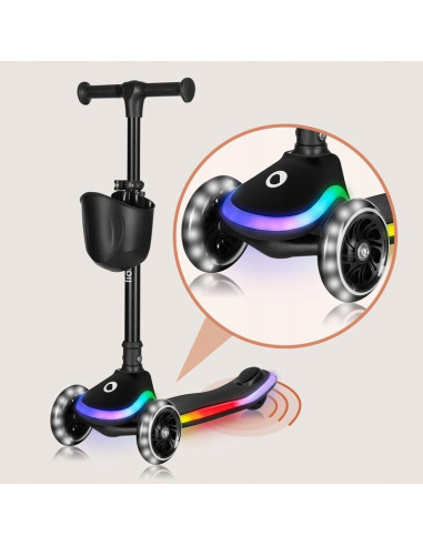 BN-LO-MEY_BLACK_ONYX,Trotineta pentru copii, Lionelo, Mey, Ultrapliabila, Cu lumini si cosulet, Maner ajustabil pe inaltime, 3 a