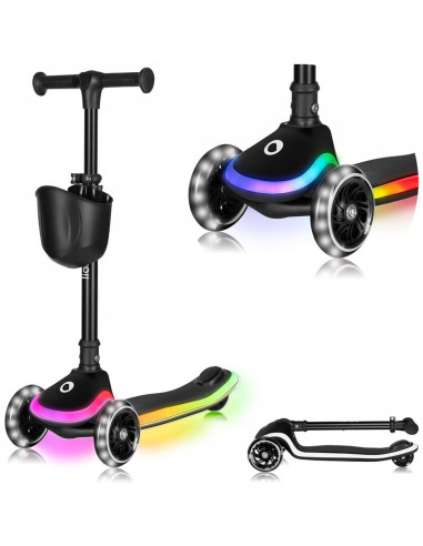 BN-LO-MEY_BLACK_ONYX,Trotineta pentru copii, Lionelo, Mey, Ultrapliabila, Cu lumini si cosulet, Maner ajustabil pe inaltime, 3 a