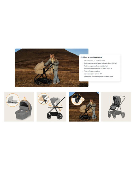 BN-LO-MERIL_2IN1_GREY_STONE,Carucior 2 in 1, Lionelo, Meril, Cu landou si scaun cu dimensiune XL, Reversibil, Cu sistem de venti