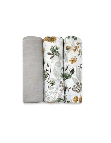 BN-6426972030656,Set 3 museline, MimiNu, Multifunctionale, Din bumbac certificat Oeko Tex Standard 100, 75x75 cm, Botanica si Gr