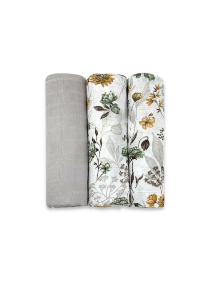 BN-6426972030656,Set 3 museline, MimiNu, Multifunctionale, Din bumbac certificat Oeko Tex Standard 100, 75x75 cm, Botanica si Gr