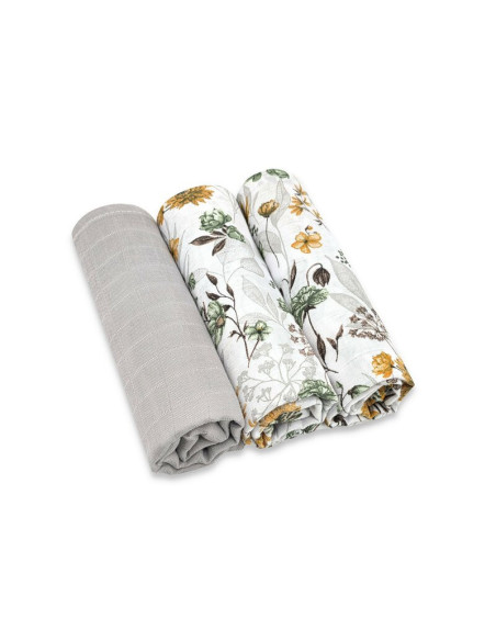 BN-6426972030656,Set 3 museline, MimiNu, Multifunctionale, Din bumbac certificat Oeko Tex Standard 100, 75x75 cm, Botanica si Gr