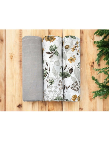 BN-6426972030656,Set 3 museline, MimiNu, Multifunctionale, Din bumbac certificat Oeko Tex Standard 100, 75x75 cm, Botanica si Gr