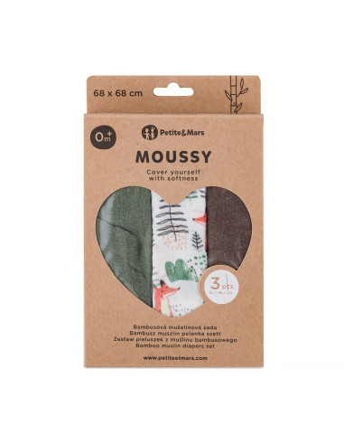 BN-415366,Set 3 scutece, Petite&Mars, Moussy, Din muselina de bambus, Hipoalergenice, 68 x 68 cm, Certificate Oeko Tex Standard 