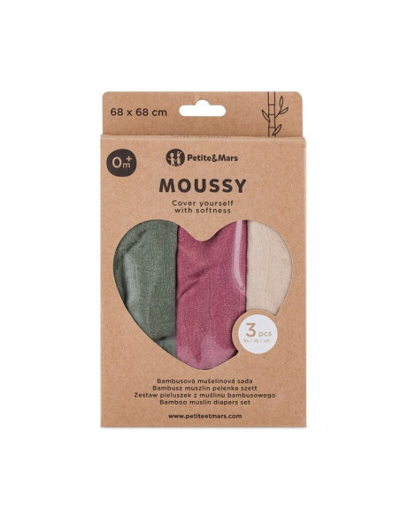 BN-415369,Set 3 scutece, Petite&Mars, Moussy, Din muselina de bambus, Hipoalergenice, 68 x 68 cm, Certificate Oeko Tex Standard 