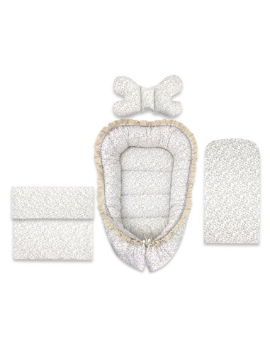 BN-6426972031325,Set 4 in 1 Cosulet bebelus, MimiNu, Premium, Baby Cocoon 75x55 cm, Cu volanase si dantela, Din bumbac certifica