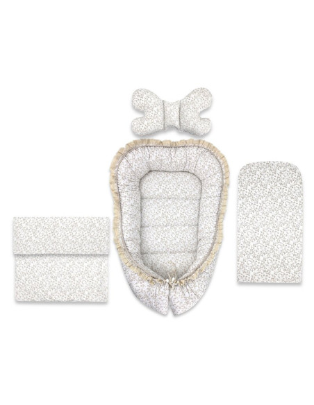 BN-6426972031325,Set 4 in 1 Cosulet bebelus, MimiNu, Premium, Baby Cocoon 75x55 cm, Cu volanase si dantela, Din bumbac certifica
