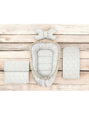 BN-6426972031325,Set 4 in 1 Cosulet bebelus, MimiNu, Premium, Baby Cocoon 75x55 cm, Cu volanase si dantela, Din bumbac certifica
