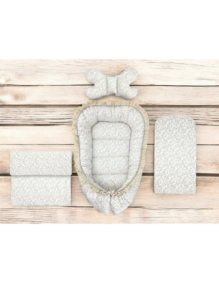 BN-6426972031325,Set 4 in 1 Cosulet bebelus, MimiNu, Premium, Baby Cocoon 75x55 cm, Cu volanase si dantela, Din bumbac certifica