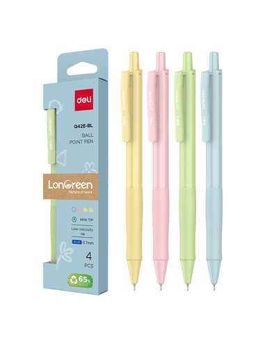 Set 4 pixuri cu mecanism Deli LonGreen, 0.7 mm, mina albastra, Pastel