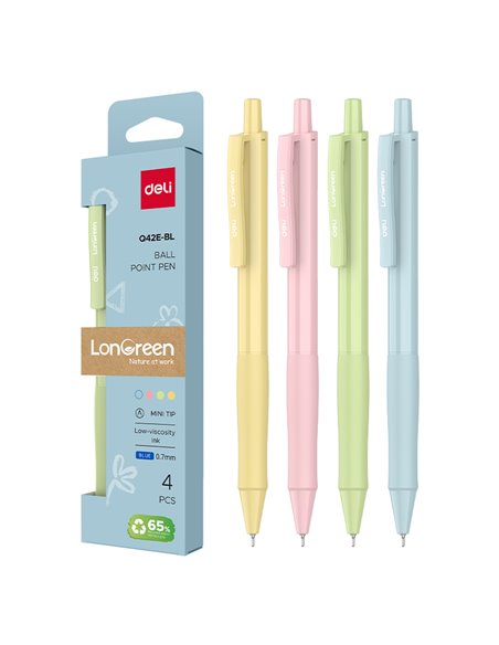 Set 4 pixuri cu mecanism Deli LonGreen, 0.7 mm, mina albastra, Pastel