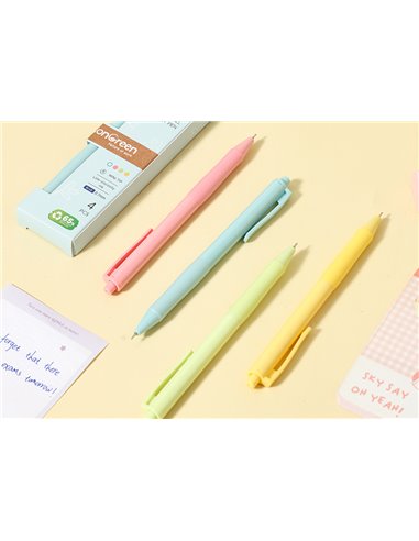 Set 4 pixuri cu mecanism Deli LonGreen, 0.7 mm, mina albastra, Pastel
