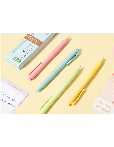 Set 4 pixuri cu mecanism Deli LonGreen, 0.7 mm, mina albastra, Pastel