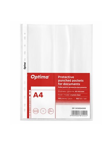 Folie protectie pentru documente A4 Optima, 40 microni, 100 folii/set, Transparent Cristal