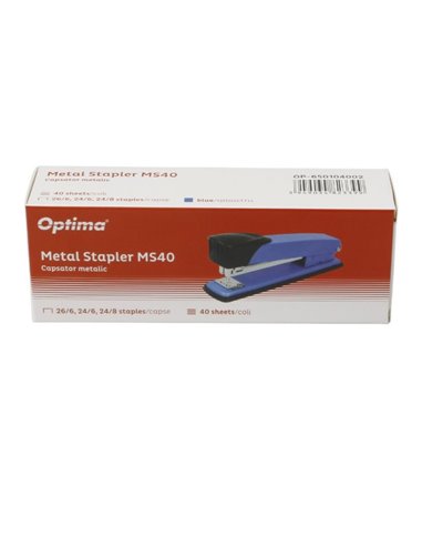Capsator metalic Optima, 40 coli, capse 24/6, 26/6, 24/8, Albastru