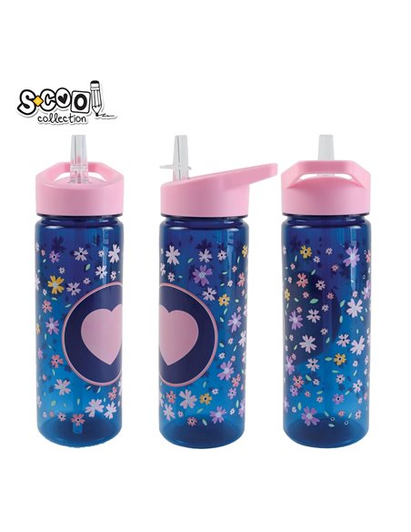 Sticla apa din plastic cu pai S-COOL SC3106, 600 ml, Motiv Pink heart