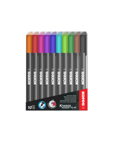 KO22141,Set 10 x Marker permanent Kores, varf fin - 1 mm, 10 culori