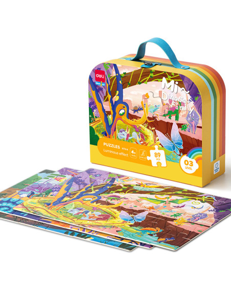 DLEH744,Puzzle geanta cadou 89 piese Deli, efect luminos - Dinozauri