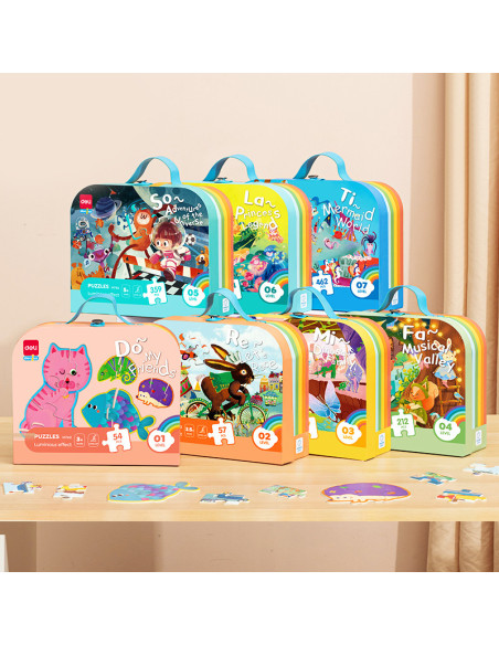 DLEH744,Puzzle geanta cadou 89 piese Deli, efect luminos - Dinozauri