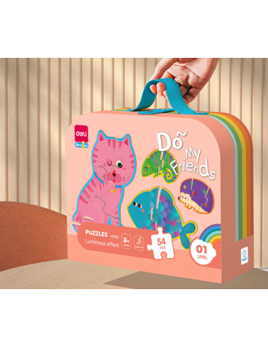 DLEH744,Puzzle geanta cadou 89 piese Deli, efect luminos - Dinozauri