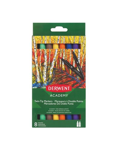 Markere 2 capete Derwent Academy, varf fin tip pensula, 8 buc/set 