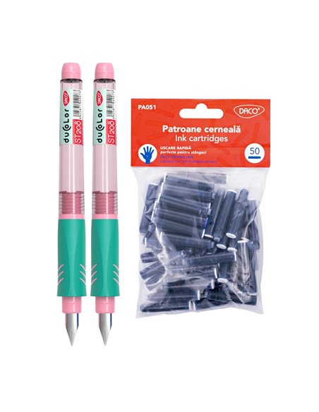 Set 2 stilouri Daco Duo Color + 50 rezerve cerneala, Roz