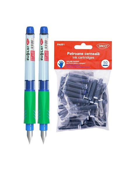Set 2 stilouri Daco Duo Color + 50 rezerve cerneala, Albastru