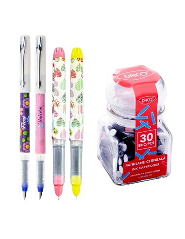 Set 4 stilouri Ecada cu penita ascunsa + 30 rezerve cerneala, Motiv magic fantasy