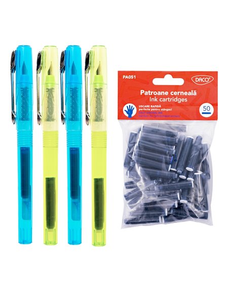 Set 4 stilouri Ecada Straveziu + 50 rezerve cerneala, Model baieti