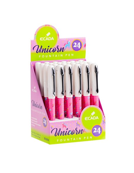 Set 24 stilouri Ecada, penita din iridiu tip F (Fine), corp din plastic, Motiv unicorn