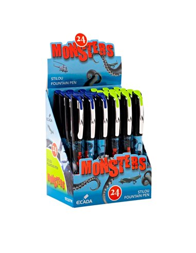 Set 24 stilouri Ecada, penita din iridiu tip M (Medium), corp din plastic, Motiv monsters