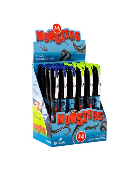 Set 24 stilouri Ecada, penita din iridiu tip M (Medium), corp din plastic, Motiv monsters
