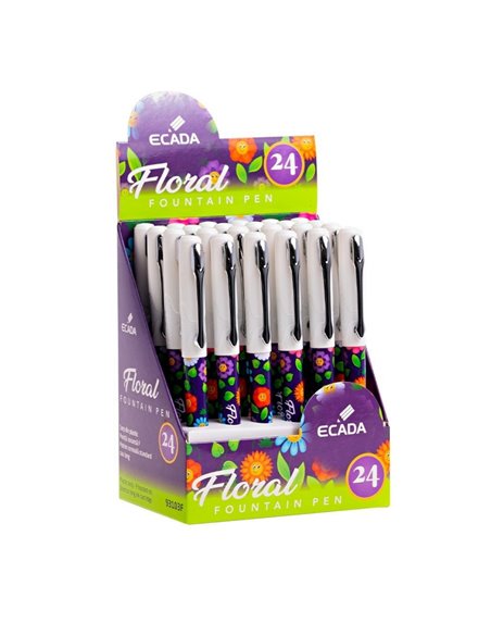 Set 24 stilouri Ecada, penita din iridiu tip F (Fine), corp din plastic, Motiv floral