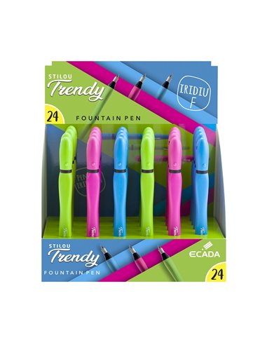 Set 24 stilouri Ecada Trendy, penita din iridiu tip F (Fine), corp din plastic colorat