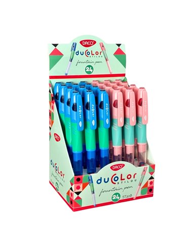 Set 24 stilouri Daco Duo Color, penita din iridiu tip F (Fine), corp din plastic