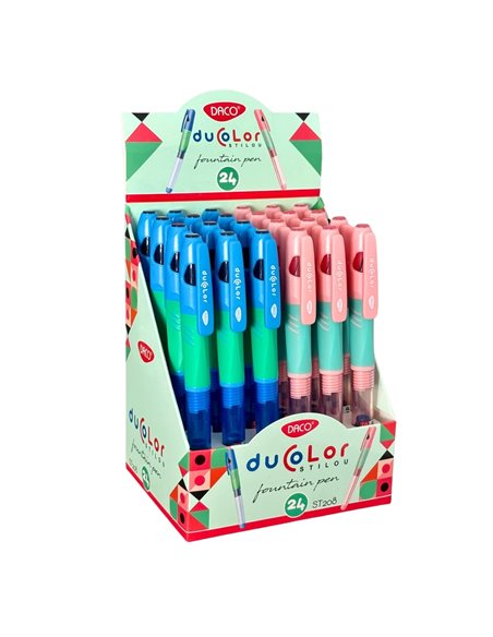 Set 24 stilouri Daco Duo Color, penita din iridiu tip F (Fine), corp din plastic