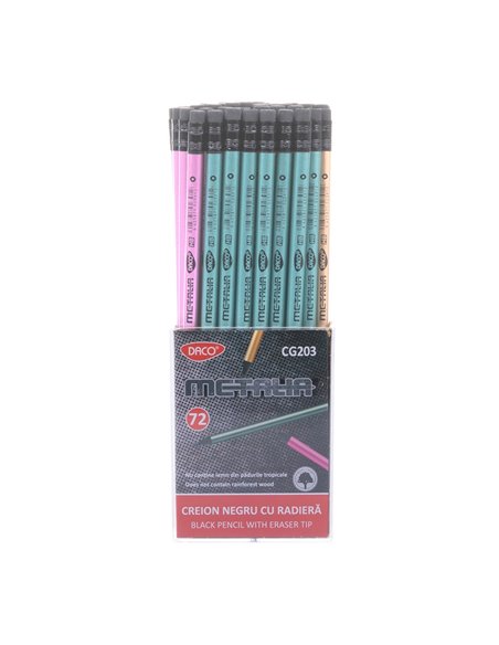 Set 72 creioane negre HB cu radiera Daco, Metalia