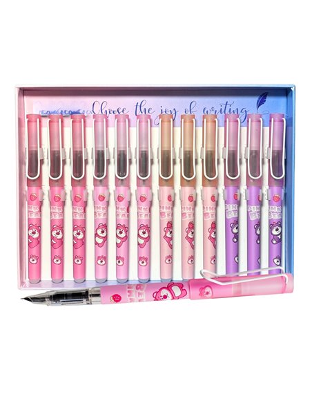 Set 12 stilouri din plastic cu cerneala termosensibila si penita ascunsa 16316, Motiv pink bear