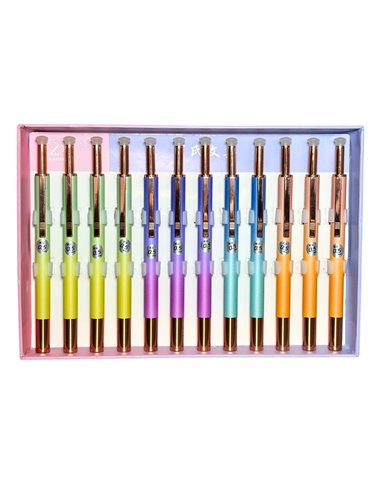 Set 12 stilouri cu penita ascunsa si clicker, alimentare prin convertor cerneala, Culori asortate