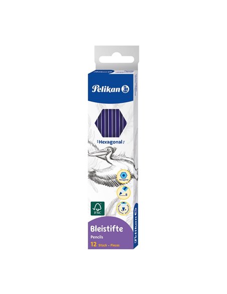 Set 12 creioane B Pelikan lacuit, sectiune hexagonala, fara radiera