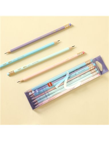 Set 12 creioane HB Deli Macarons, cu radiera, Culori asortate