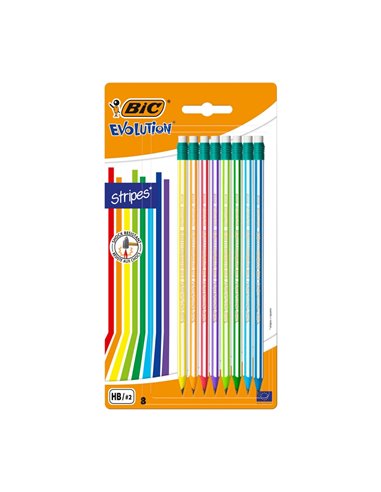 Set 8 creioane HB BIC Evolution Stripes cu radiera, rezistente la soc