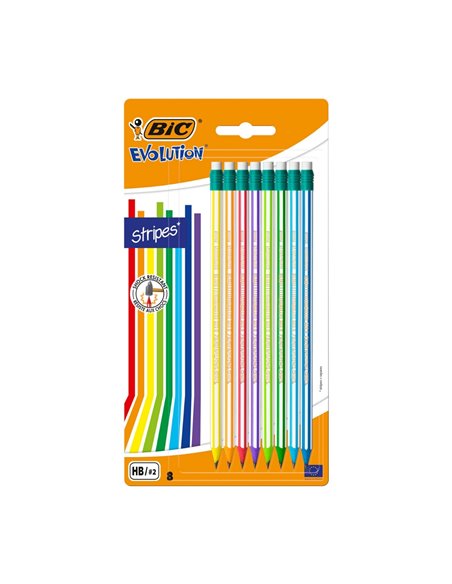 Set 8 creioane HB BIC Evolution Stripes cu radiera, rezistente la soc