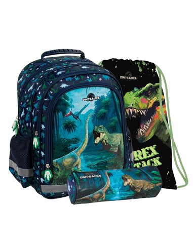 Set scoala DINOZAUR - Ghiozdan + Penar etui + Sac incaltaminte, Derform