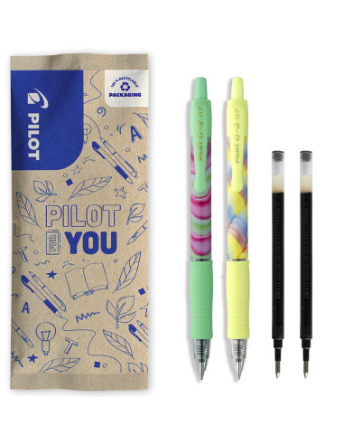 PFLW464518,Flow pack 2 rollere cu gel Pilot G2 Flow galben si verde 0.7 mm + 2 rezerve negre
